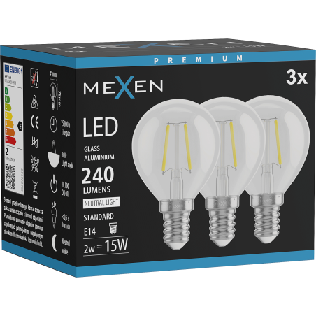 Mexen Vintis 3x LED spuldze ar kvēldiegu, E14, G45, 2W, Neitrāls - 4000K, 240 lm, caurspīdīgs - L156-E14-0240-00x03