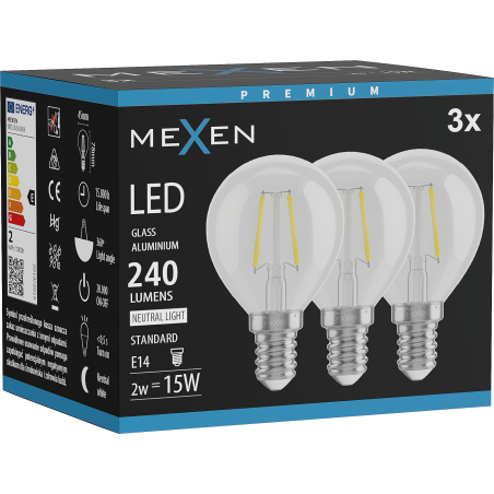 Mexen Vintis 3x żarówka filament LED E14, G45, 2W, Neutralna - 4000K, 240 lm, clear - L156-E14-0240-00x03