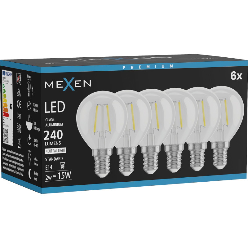 Mexen Vintis 6x LED filamentlamp E14, G45, 2W, Neutraal - 4000K, 240 lm, helder - L156-E14-0240-00x06