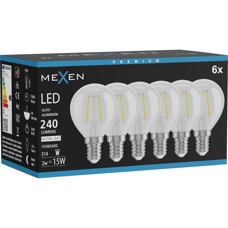 Mexen Vintis 6x LED pavediena spuldze E14, G45, 2W, Neitrāla - 4000K, 240 lm, caurspīdīga - L156-E14-0240-00x06