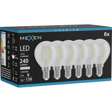 Mexen Vintis 6x LED Filamentlampa E14, G45, 2W, Neutral - 4000K, 240 lm, klar - L156-E14-0240-00x06
