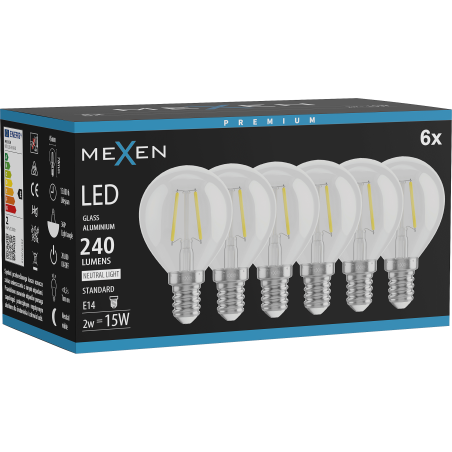 Mexen Vintis 6x LED pavediena spuldze E14, G45, 2W, Neitrāla - 4000K, 240 lm, caurspīdīga - L156-E14-0240-00x06