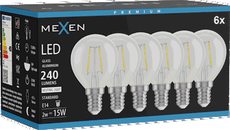 Mexen Vintis 6x LED pavediena spuldze E14, G45, 2W, Neitrāla - 4000K, 240 lm, caurspīdīga - L156-E14-0240-00x06