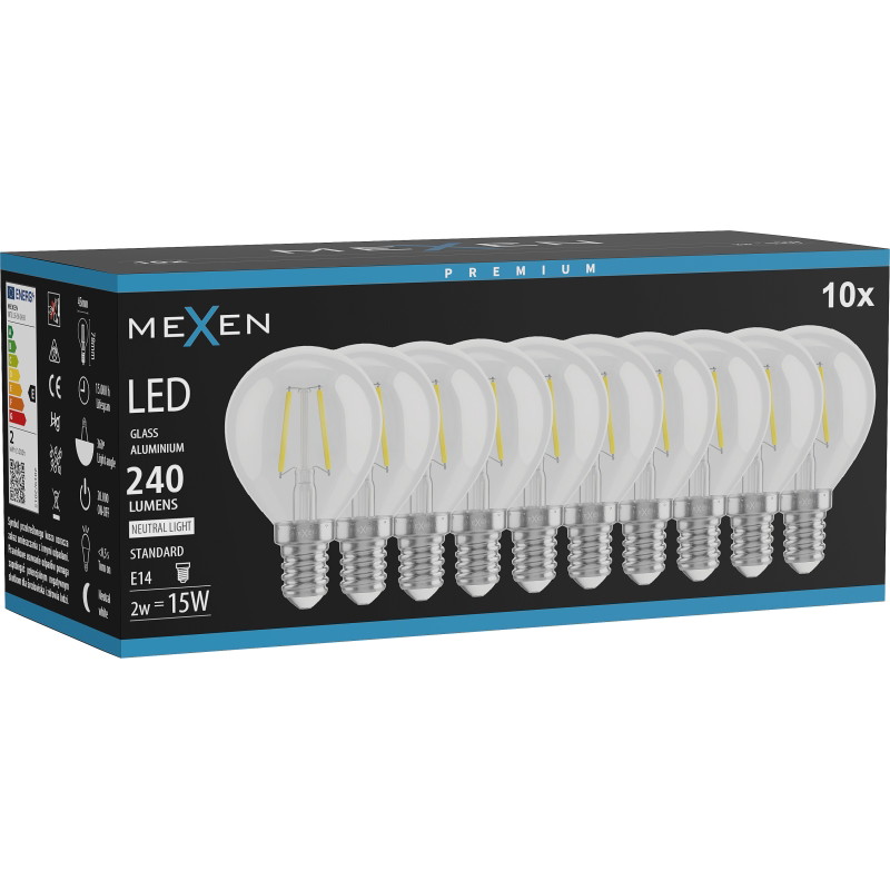 Mexen Vintis 10x Lankapolttimo LED E14, G45, 2W, Neutraali - 4000K, 240 lm, kirkas - L156-E14-0240-00x10