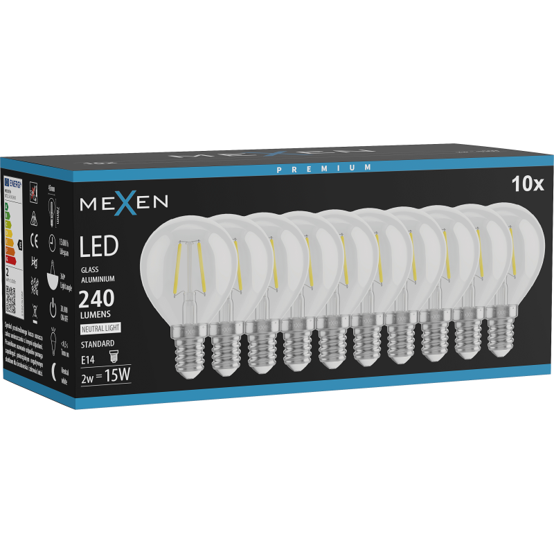 Mexen Vintis 10x LED kvēldiega spuldze E14, G45, 2W, Neitrāla - 4000K, 240 lm, caurspīdīga - L156-E14-0240-00x10
