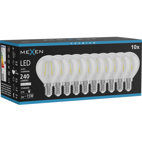 Mexen Vintis 10x LED filamentlampa E14, G45, 2W, Neutral - 4000K, 240 lm, klar - L156-E14-0240-00x10