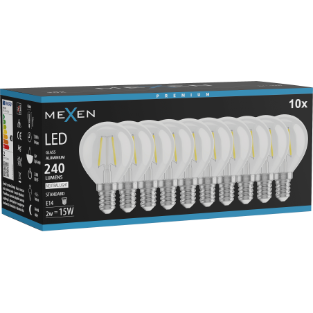Mexen Vintis 10x LED kvēldiega spuldze E14, G45, 2W, Neitrāla - 4000K, 240 lm, caurspīdīga - L156-E14-0240-00x10