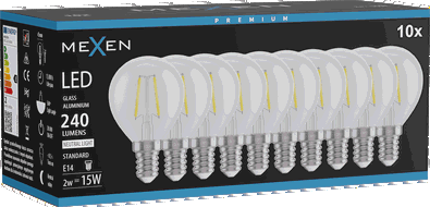Mexen Vintis 10x LED kvēldiega spuldze E14, G45, 2W, Neitrāla - 4000K, 240 lm, caurspīdīga - L156-E14-0240-00x10