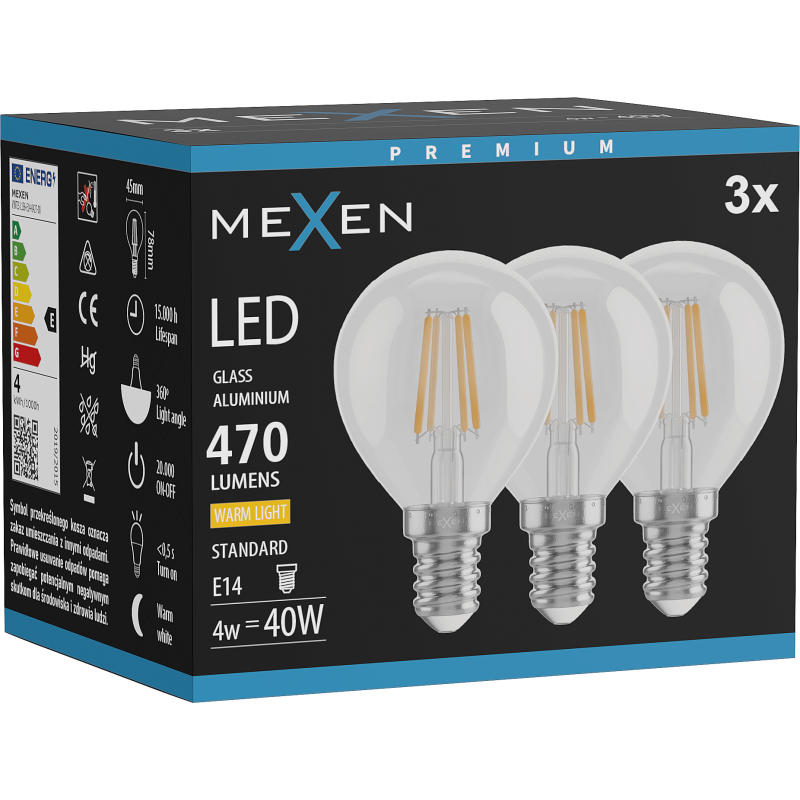 Mexen Vintis 3x LED pavediens spuldze E14, G45, 4W, Silta - 2700K, 470 lm, caurspīdīga - L156-E14-0427-00x03