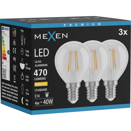 Mexen Vintis 3x LED filamentlamp E14, G45, 4W, Warm - 2700K, 470 lm, helder - L156-E14-0427-00x03