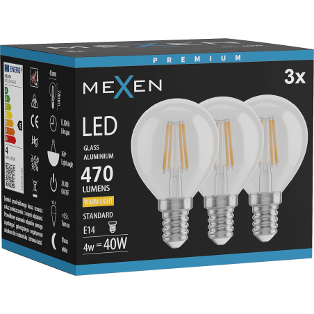 Mexen Vintis 3x LED pavediens spuldze E14, G45, 4W, Silta - 2700K, 470 lm, caurspīdīga - L156-E14-0427-00x03