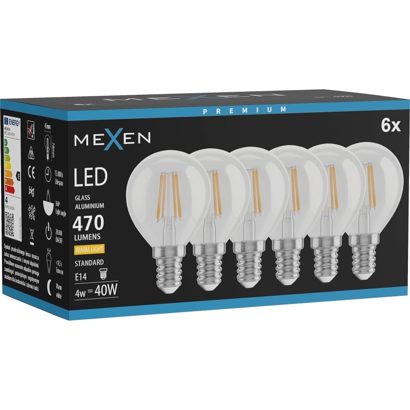 Mexen Vintis 6x LED-filamentlampa E14, G45, 4W, Varm - 2700K, 470 lm, klar - L156-E14-0427-00x06