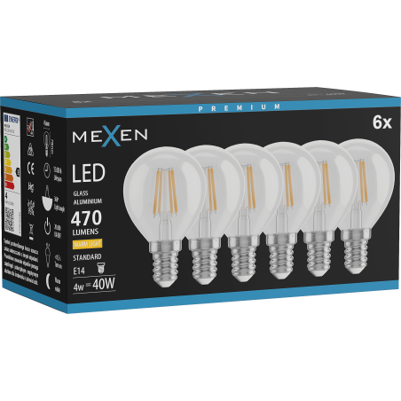 Mexen Vintis 6x Lampadina LED a filamento E14, G45, 4W, Calda - 2700K, 470 lm, trasparente - L156-E14-0427-00x06