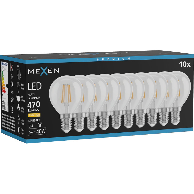 Mexen Vintis 10x LED filament lamp E14, G45, 4W, Warm - 2700K, 470 lm, clear - L156-E14-0427-00x10