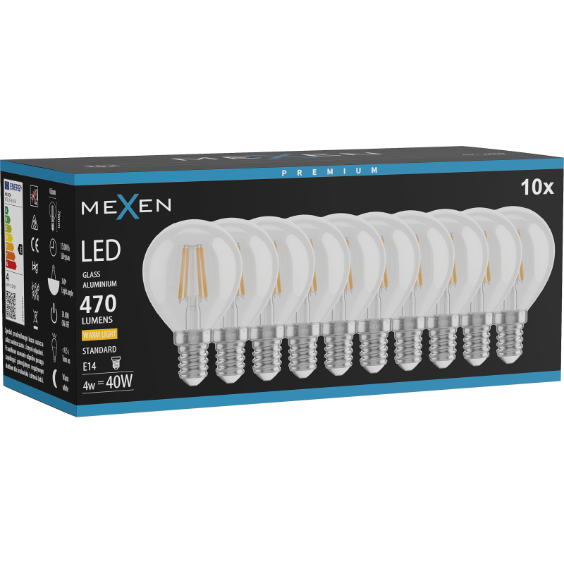 Mexen Vintis 10x LED Filamentglühbir E14, G45, 4W, Waam - 2700K, 470 lm, kloer - L156-E14-0427-00x10
