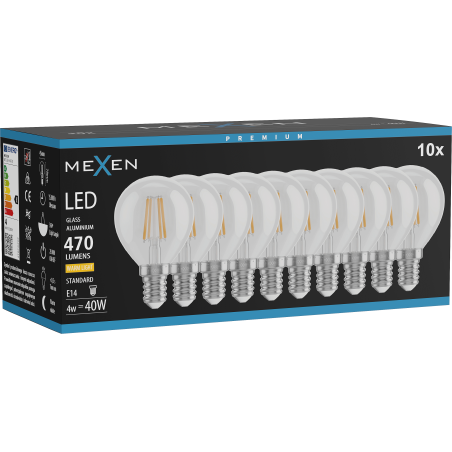 Mexen Vintis 10x LED filamentlampa E14, G45, 4W, Varm - 2700K, 470 lm, klar - L156-E14-0427-00x10