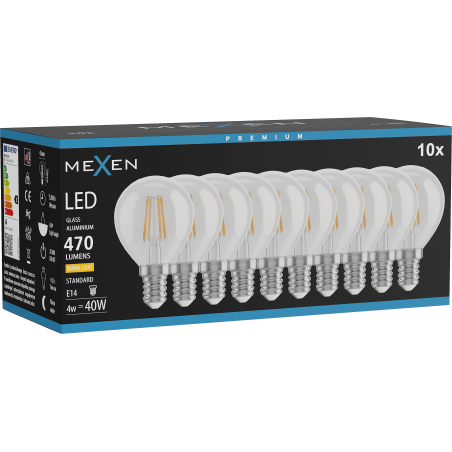 Mexen Vintis 10x spuldze filamenta LED E14, G45, 4W, Silta - 2700K, 470 lm, caurspīdīga - L156-E14-0427-00x10
