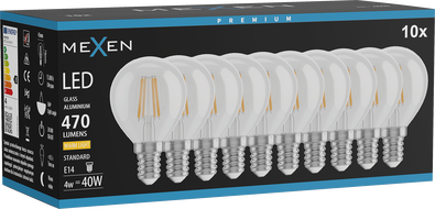 Mexen Vintis 10x LED-filamendiga lamp E14, G45, 4W, Soe - 2700K, 470 lm, läbipaistev - L156-E14-0427-00x10