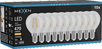 Mexen Vintis 10x LED-filamenttilamppu E14, G45, 4W, Lämmin - 2700K, 470 lm, kirkas - L156-E14-0427-00x10