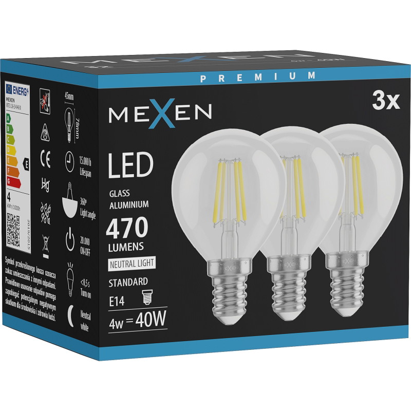 Mexen Vintis 3x LED filament lamp E14, G45, 4W, Neutraal - 4000K, 470 lm, helder - L156-E14-0427-00x03 - L156-E14-0440-00x03
