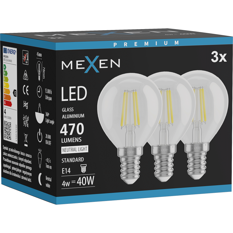 Mexen Vintis 3x LED-Filamentlampe E14, G45, 4W, Neutral - 4000K, 470 lm, klar - L156-E14-0427-00x03 - L156-E14-0440-00x03