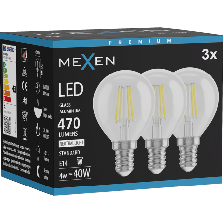 Mexen Vintis 3x LED filamentlampa E14, G45, 4W, Neutral - 4000K, 470 lm, klar - L156-E14-0427-00x03 - L156-E14-0440-00x03