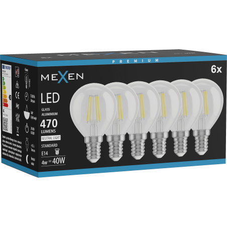 Mexen Vintis 6x Bombilla LED de filamento E14, G45, 4W, Neutra - 4000K, 470 lm, transparente - L156-E14-0427-00x06