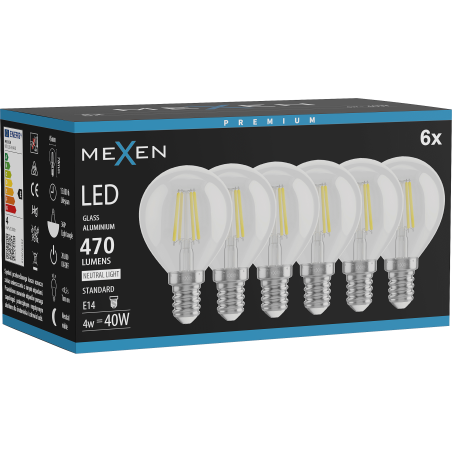 Mexen Vintis 6x LED filamentna žarnica E14, G45, 4W, Nevtralna - 4000K, 470 lm, prozorna - L156-E14-0427-00x06