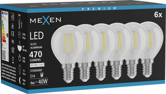 Mexen Vintis 6x LED-Filamentlampe E14, G45, 4W, Neutral - 4000K, 470 lm, klar - L156-E14-0427-00x06 - L156-E14-0440-00x06