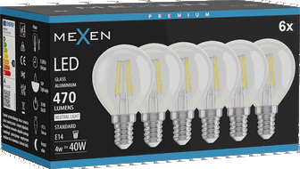 Mexen Vintis 6x Spuldze filaments LED E14, G45, 4W, Neitrāla - 4000K, 470 lm, caurspīdīgs - L156-E14-0427-00x06