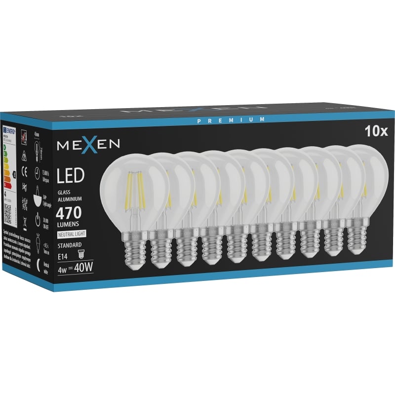 Mexen Vintis 10x LED Filamentlampa E14, G45, 4W, Neutral - 4000K, 470 lm, klar - L156-E14-0427-00x10 - L156-E14-0440-00x10