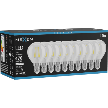 Mexen Vintis 10x LED filamenta spuldze E14, G45, 4W, Neitrāla - 4000K, 470 lm, caurspīdīga - L156-E14-0427-00x10