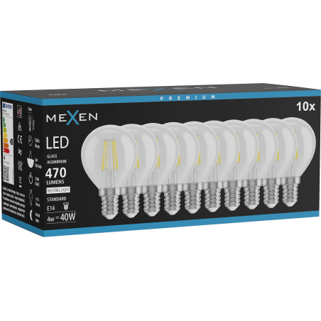 Mexen Vintis 10x LED Filamentlampa E14, G45, 4W, Neutral - 4000K, 470 lm, klar - L156-E14-0427-00x10 - L156-E14-0440-00x10