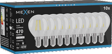 Mexen Vintis 10x LED filamenta spuldze E14, G45, 4W, Neitrāla - 4000K, 470 lm, caurspīdīga - L156-E14-0427-00x10