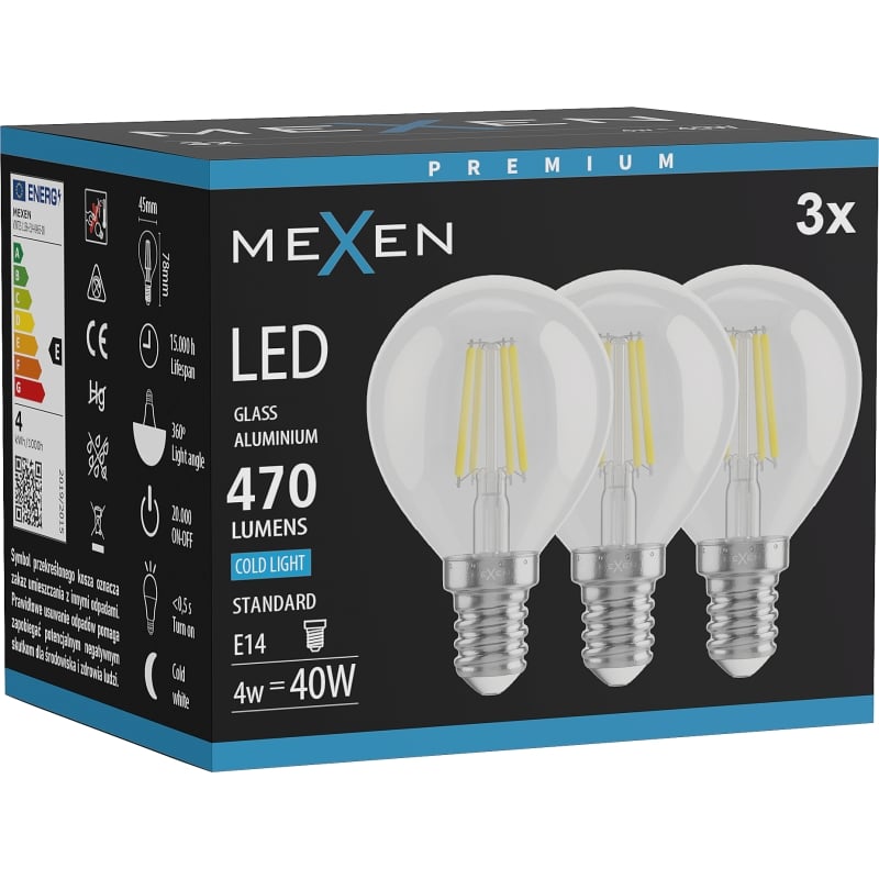 Mexen Vintis 3x Lampadina a filamento LED E14, G45, 4W, Fredda - 6500K, 470 lm, trasparente - L156-E14-0465-00x03