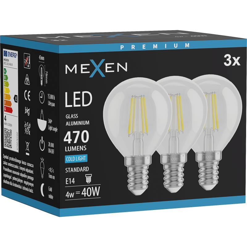 Mexen Vintis 3x LED kvēldiega spuldze E14, G45, 4W, Auksta - 6500K, 470 lm, caurspīdīga - L156-E14-0465-00x03