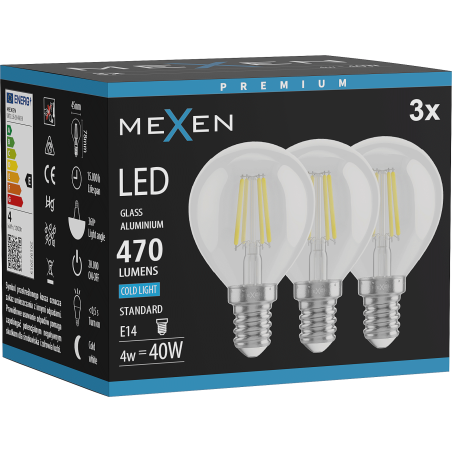 Mexen Vintis 3x Lampadina a filamento LED E14, G45, 4W, Fredda - 6500K, 470 lm, trasparente - L156-E14-0465-00x03