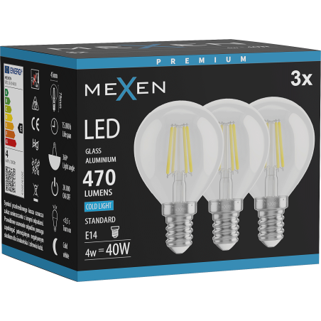 Mexen Vintis 3x LED kvēldiega spuldze E14, G45, 4W, Auksta - 6500K, 470 lm, caurspīdīga - L156-E14-0465-00x03