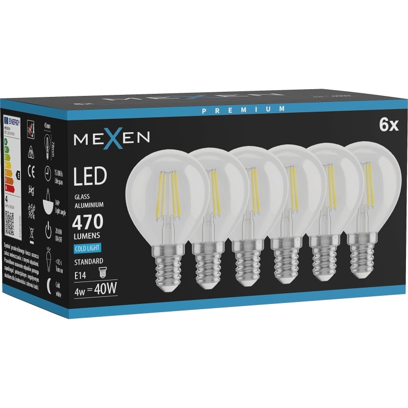 Mexen Vintis 6x Lampadina a filamento LED E14, G45, 4W, Fredda - 6500K, 470 lm, trasparente - L156-E14-0465-00x06