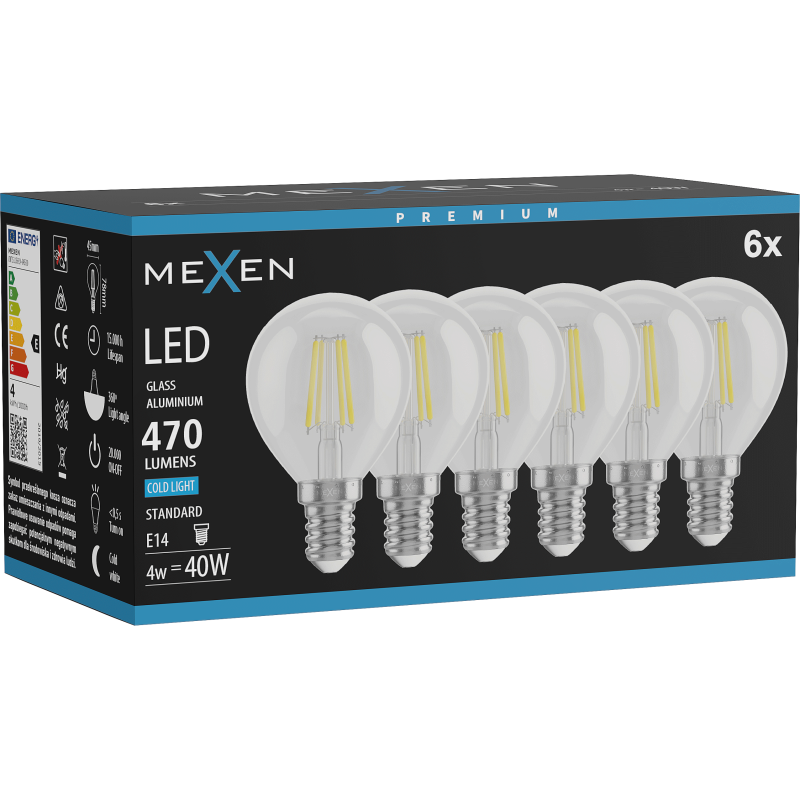 Mexen Vintis 6x LED E14 kvēldiega spuldze, G45, 4W, Auksta - 6500K, 470 lm, caurspīdīga - L156-E14-0465-00x06