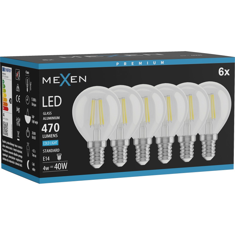 Mexen Vintis 6x LED filamentlamp E14, G45, 4W, Koud - 6500K, 470 lm, helder - L156-E14-0465-00x06