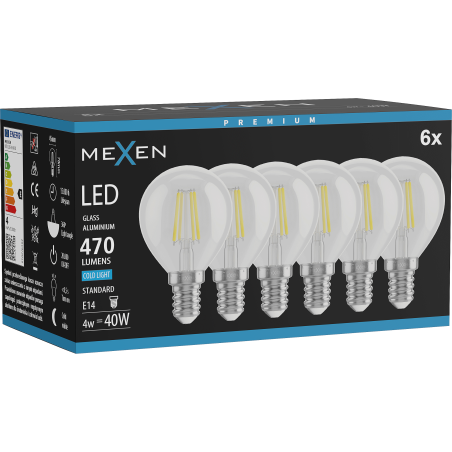 Mexen Vintis 6x LED E14 kvēldiega spuldze, G45, 4W, Auksta - 6500K, 470 lm, caurspīdīga - L156-E14-0465-00x06