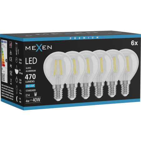 Mexen Vintis 6x LED-filamentlampa E14, G45, 4W, Kall - 6500K, 470 lm, klar - L156-E14-0465-00x06