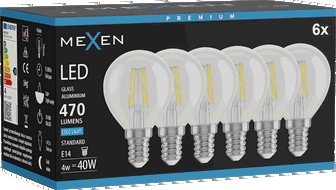 Mexen Vintis 6x LED E14 kvēldiega spuldze, G45, 4W, Auksta - 6500K, 470 lm, caurspīdīga - L156-E14-0465-00x06