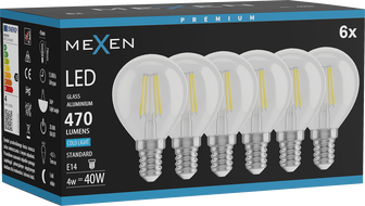 Mexen Vintis 6x LED hõõgniitpirn E14, G45, 4W, külm - 6500K, 470 lm, läbipaistev - L156-E14-0465-00x06