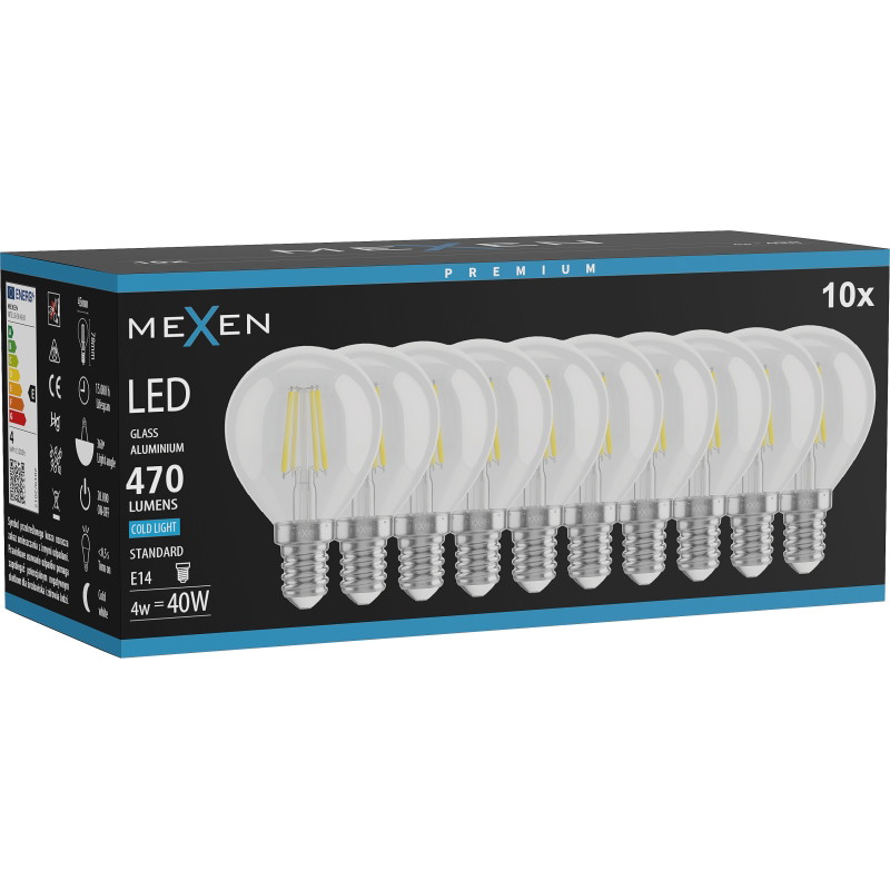 Mexen Vintis 10x Filamentti LED-lamppu E14, G45, 4W, Kylmä - 6500K, 470 lm, kirkas - L156-E14-0465-00x10