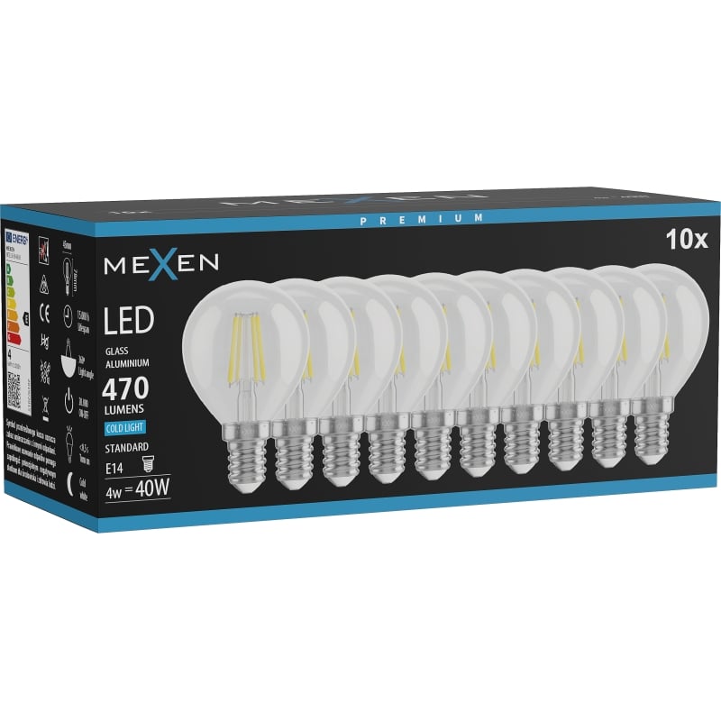 Mexen Vintis 10x Lampadina a filamento LED E14, G45, 4W, Fredda - 6500K, 470 lm, trasparente - L156-E14-0465-00x10