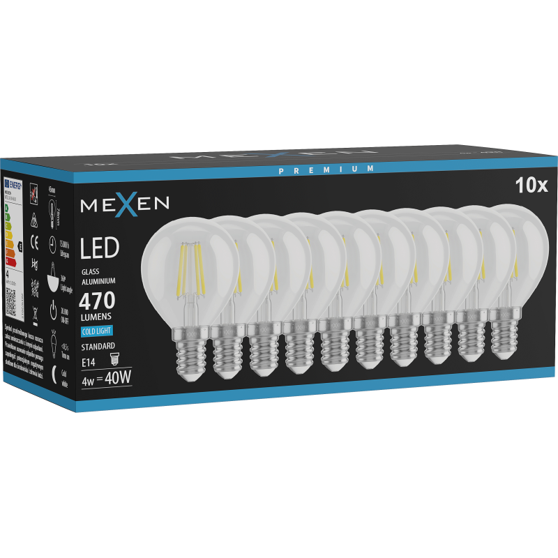 Mexen Vintis 10x LED žarnica filament E14, G45, 4W, Hladna - 6500K, 470 lm, prozorna - L156-E14-0465-00x10