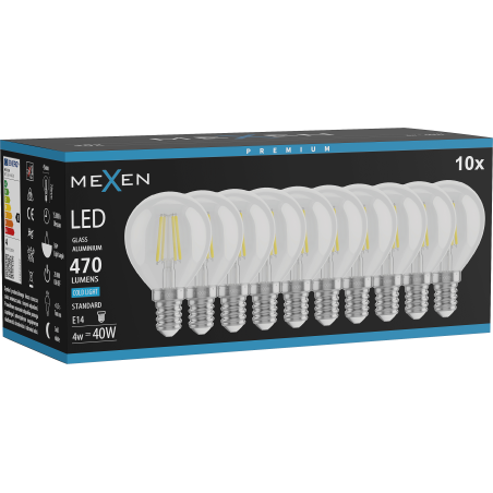 Mexen Vintis 10x Ampoule à filament LED E14, G45, 4W, Froid - 6500K, 470 lm, clair - L156-E14-0465-00x10