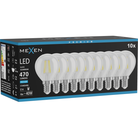 Mexen Vintis 10x Lampadina a filamento LED E14, G45, 4W, Fredda - 6500K, 470 lm, trasparente - L156-E14-0465-00x10